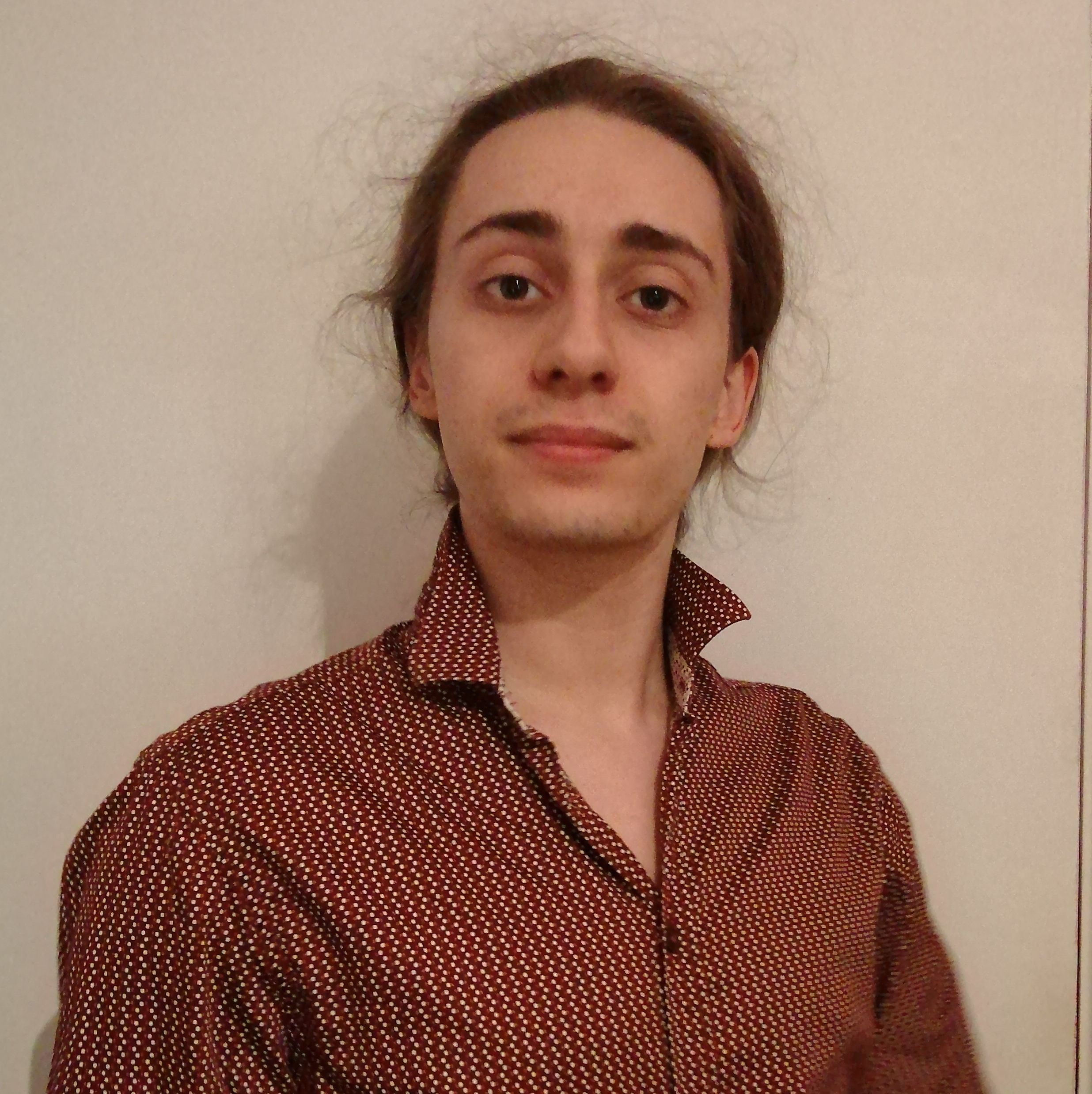 Une photo d'un jeune homme de 20 ans avec des cheveux longs attachés en queue de cheval et une chemise rouge sur un fond blanc