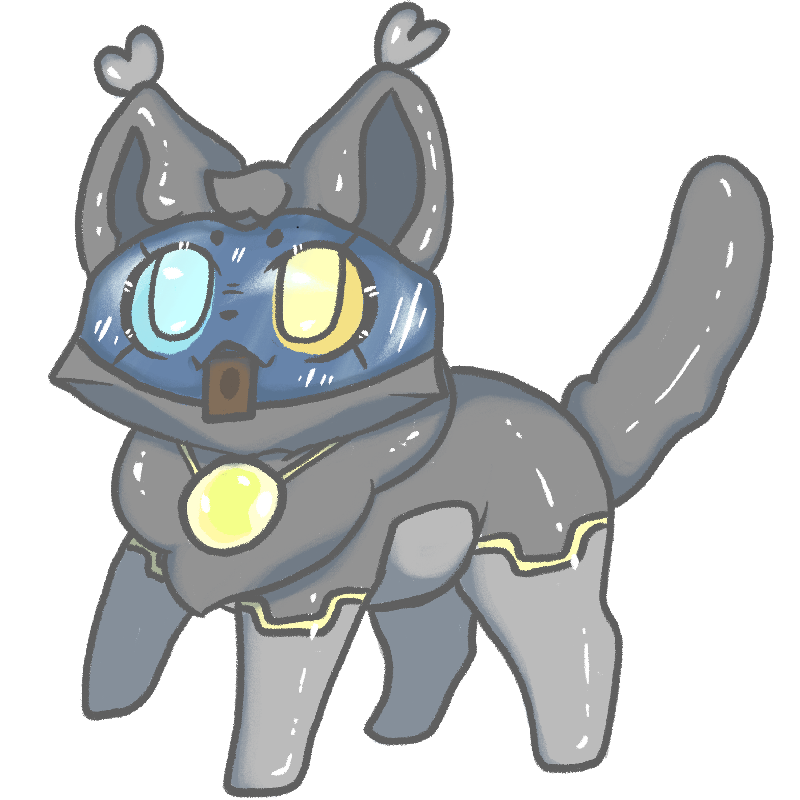 Un chat stylisé gris clair avec des yeux hétérochomes jaune et bleu tiens une carte Yu-gi-oh dans sa gueule