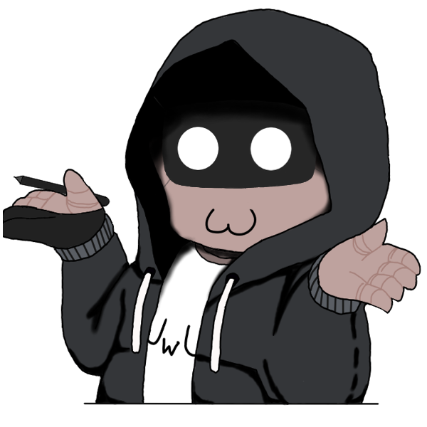 Une illustration d'un humain stylisé en pull noir à capuche haute des épaules en style simple. La bouche du personnage est changée pour ressembler à un museau de chat et un t-shirt blanc avec un imprimé noir avec un texte 'UwU' se trouve sous le pull